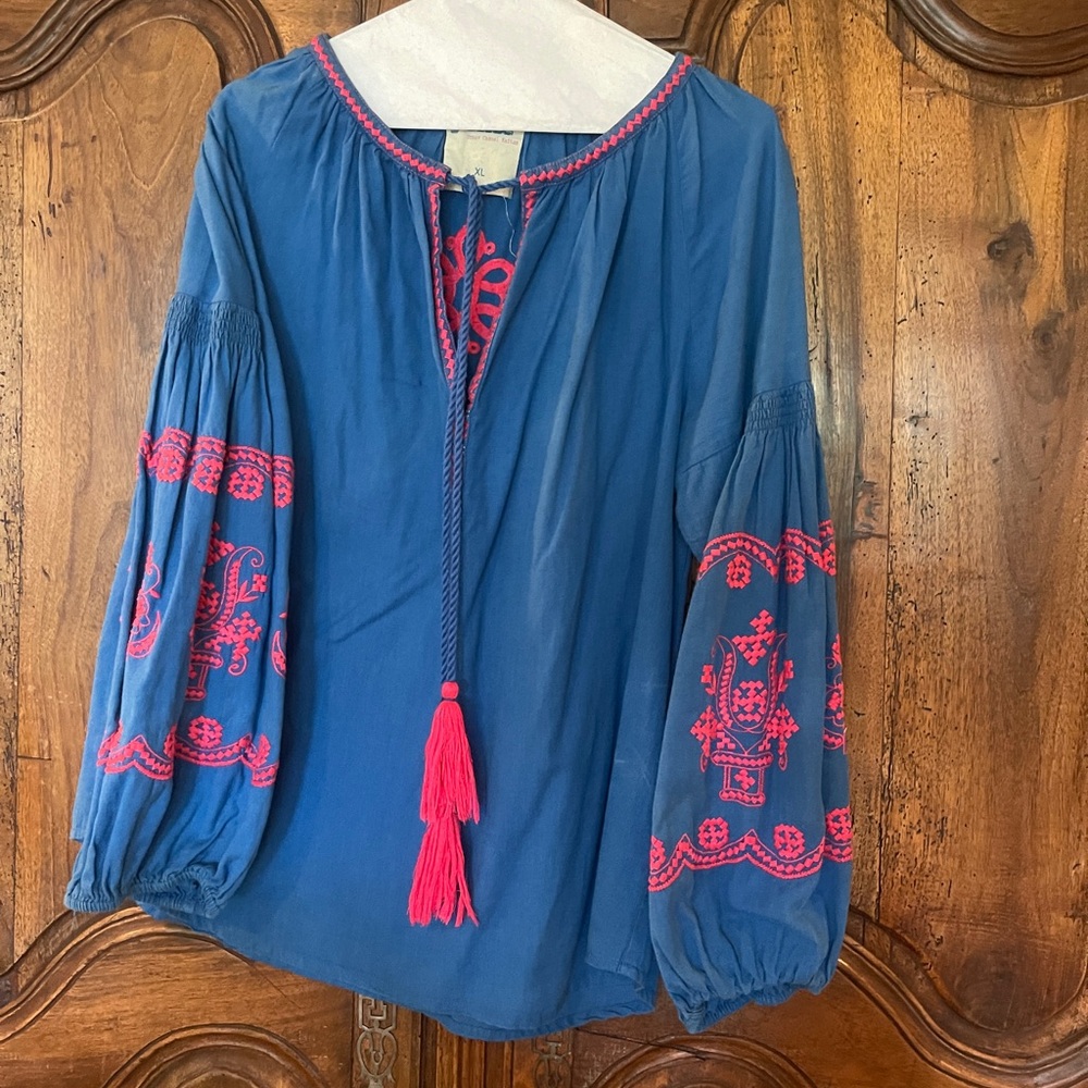 Embroidered Blue and Pink Women's Top by Gallabia